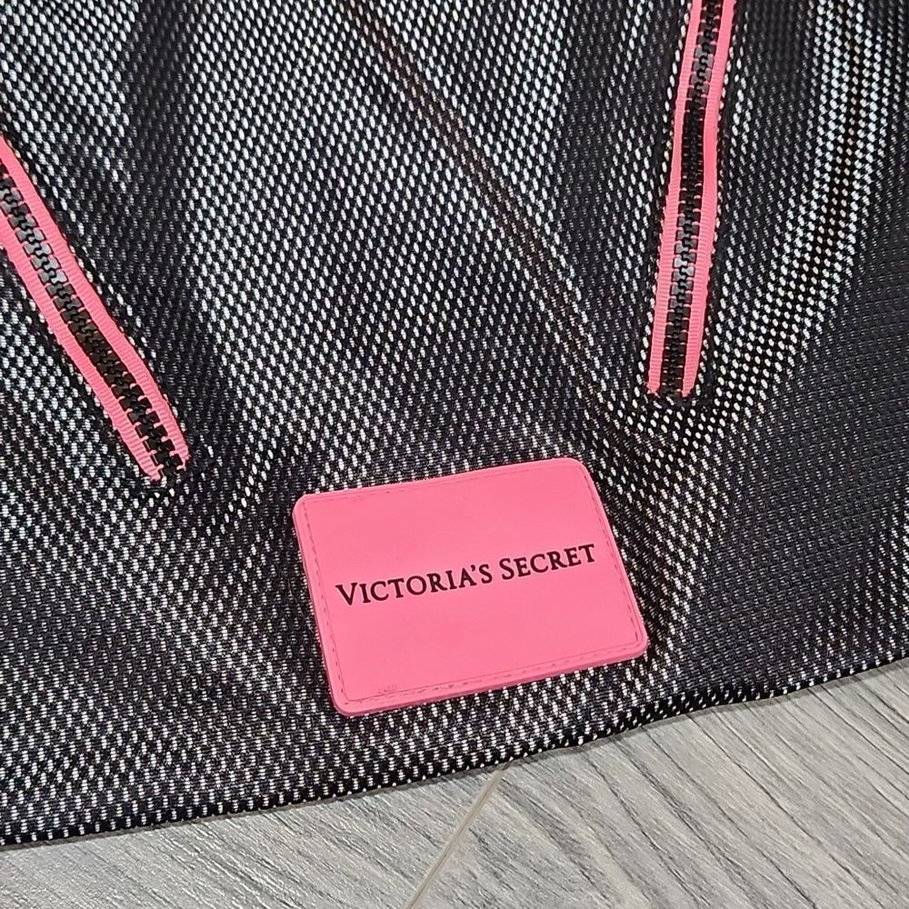 Victoria Secret Black Netted w/Pink Details Soft Drawstring Backpack - Picture 2 of 5